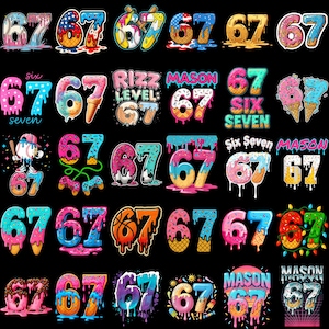 Puede incluir: Una colección de diseños coloridos del número 67, cada uno con un tema único. Algunos diseños presentan pelotas de béisbol, conos de helado y balones de baloncesto. Los números son de varios colores, incluyendo rosa, azul y naranja, con efectos de goteo.