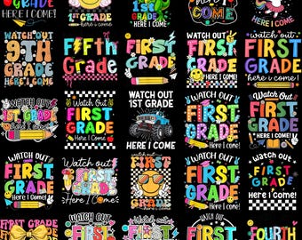 Achtung PNG Bundle, Kindergarten bis 9.Klasse, hier komme ich, Zurück zur Schule Regenbogen Kinder Shirt Design, Schüler PNG