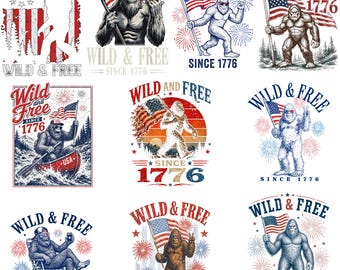 愛国的なビッグフット「1776年以来野生で自由」PNGバンドル、面白いサスクワッチアメリカギフト、7月4日のビッグフットグラフィックTシャツデジタルダウンロード
