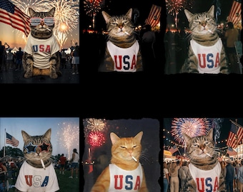 Patriotisches Katzen-PNG-Bundle, lustiges 4. Juli-Katzensublimationsdesign, amerikanische Flaggenkatzengrafik, USA-Unabhängigkeitstag PNG