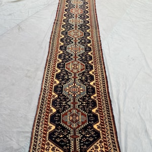 Alfombra turca vintage de 2,7 x 14,7 pies, alfombra de lana anudada a mano, alfombra larga para pasillo, alfombra geométrica tribal con medallón, decoración bohemia anatolia antigua