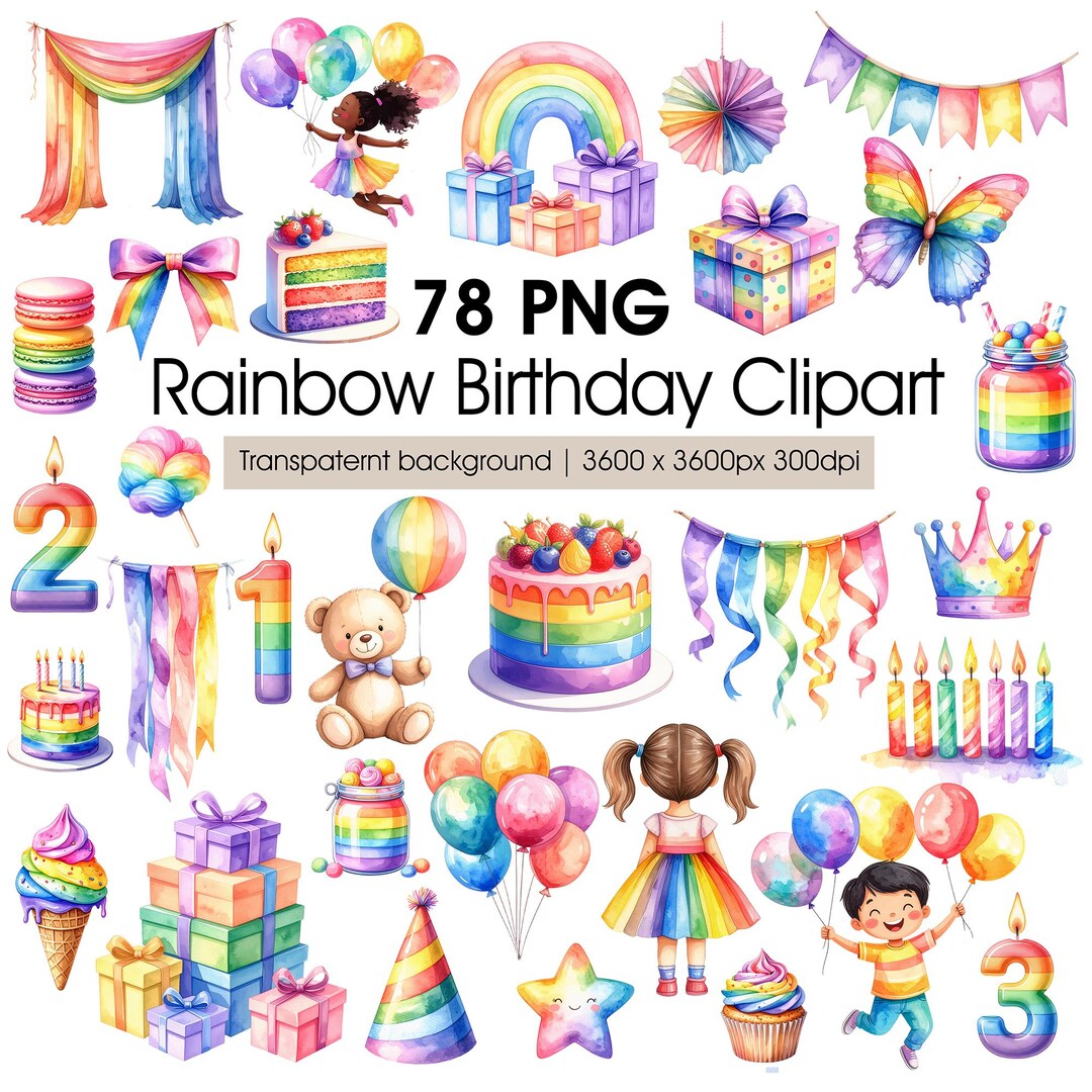 Rainbow Birthday Clipart Watercolor PNG, Pastel Party Graphics, Cake ...
