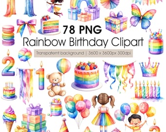 Rainbow Birthday Clipart Watercolor PNG, Pastel Party Graphics, Cake Balloons Gifts, Kids Celebration Decor, Commercial Use