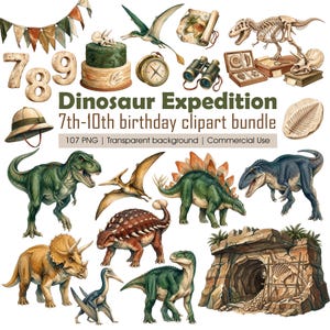 May include: A digital clipart bundle titled Dinosaur Expedition 7th-10th birthday clipart bundle, featuring watercolor illustrations of dinosaurs, fossils, a cake, a compass, binoculars, a pith helmet, and a cave excavation site.