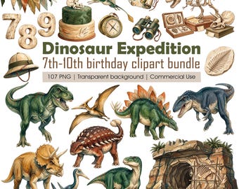 May include: A digital clipart bundle titled Dinosaur Expedition 7th-10th birthday clipart bundle, featuring watercolor illustrations of dinosaurs, fossils, a cake, a compass, binoculars, a pith helmet, and a cave excavation site.