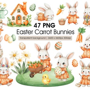 Könnte beinhalten: Aquarellillustrationen mit Ostermotiven. Das Bild zeigt mehrere weiße Hasen in orangefarbenen Outfits, Ostereier, Karotten, ein kleines Haus und ein gelbes Küken. Der Text lautet "47 PNG Easter Carrot Bunnies".