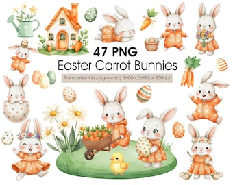 Easter Bunny Clipart - Carrot Costume Bunnies PNG, Eggs Baskets Carrots, Digital Sticker Scrapbook Set