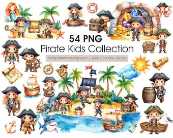 Pirate Kids Clipart Bundle - Watercolor Pirate Poses and Scenery