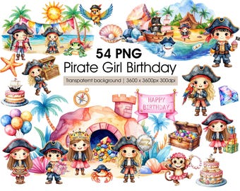 Pirate Girl Birthday Clipart PNG - Pirate Girls in Poses, Watercolor Party Illustrations