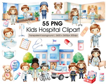 Kids Medical Watercolor Clipart - Doctors, Surgeons, Nurses, Paramedics, Hospital Scenes and Items
