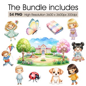 May include: A collection of watercolour illustrations featuring children, a butterfly, a blanket, a school, a ladybird, and a puppy. The text reads "The Bundle includes 54 PNG High Resolution 3600 x 3600px 300dpi".