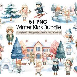 Clipart de niños de invierno acogedores: niños de jardín de infancia en acuarela y actividades para un día de nieve