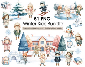 Cozy Winter Kids Clipart – Watercolor Kindergarten Children and Snow Day Activities