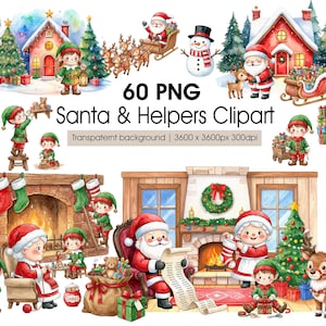 Pode incluir: Ilustração em aquarela de clip art com tema natalino. A imagem apresenta o Papai Noel, a Mamãe Noel, elfos, renas e decorações festivas. Casas, árvores de Natal, um boneco de neve e uma lareira também estão incluídos. O texto na imagem diz "60 PNG Santa & Helpers Clipart".