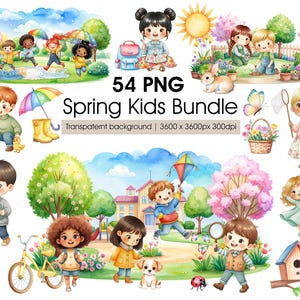 Puede incluir: Una ilustración en acuarela titulada "Spring Kids Bundle" con 54 imágenes PNG de niños disfrutando de actividades de primavera. Las imágenes incluyen niños jugando bajo la lluvia, jardinería e interactuando con animales. El fondo es transparente.