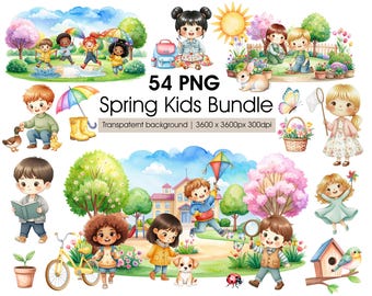 Spring Kids Clipart Bundle - Watercolor Kindergarten Children Spring Activities and Scenes