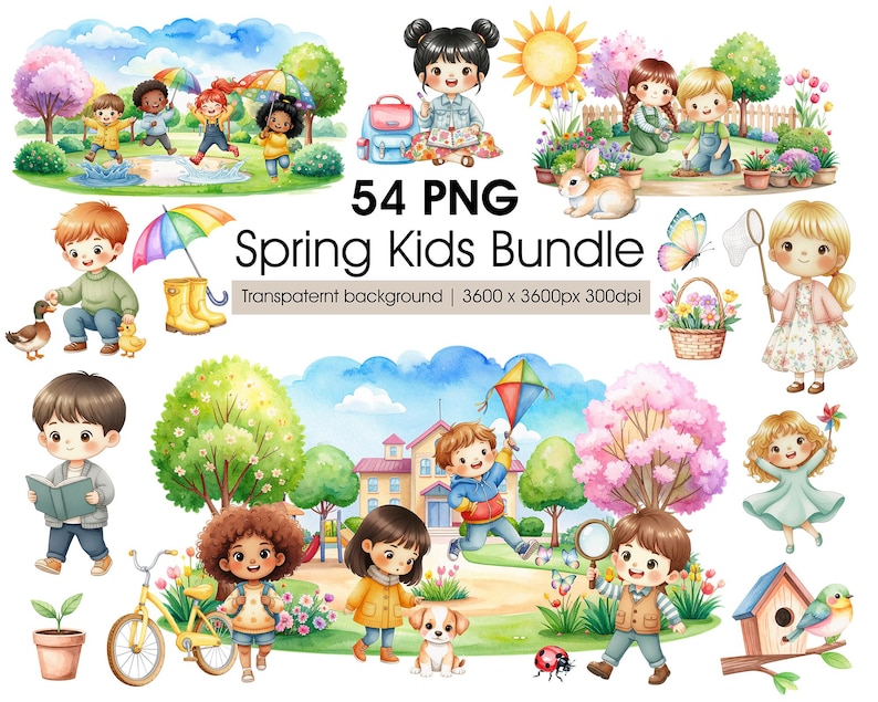 May include: A watercolour illustration titled "Spring Kids Bundle" featuring 54 PNG images of children enjoying spring activities. The images include kids playing in the rain, gardening, and interacting with animals. The background is a transparent background.