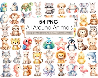 Little Animals Clipart Set – 54 Watercolor Woodland, Safari, Farm, Sea Animals & Birds
