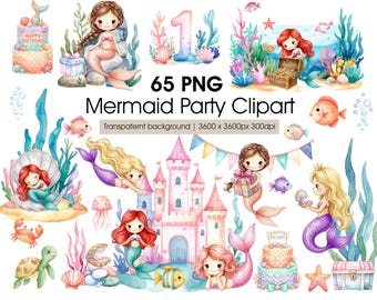 Mermaid Party Clipart - Watercolor Birthday Under the Sea Kids Party Graphics