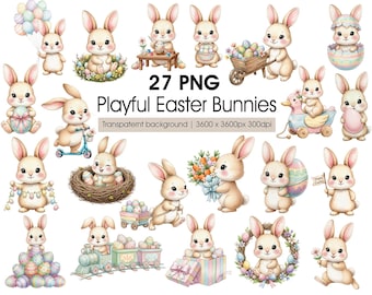 Easter Bunny Clipart Set - Watercolor Bunnies in Different Poses, Nursery Pastel PNG