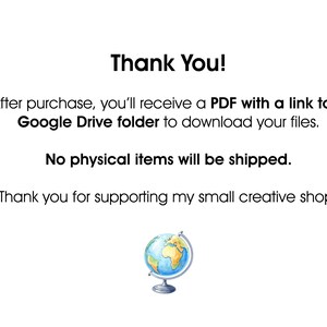 Puede incluir: Fondo blanco con el texto "Thank You!" e informaci&oacute;n sobre la recepci&oacute;n de un PDF despu&eacute;s de la compra. Una peque&ntilde;a ilustraci&oacute;n de un globo terr&aacute;queo en la parte inferior. El texto indica que no se enviar&aacute;n art&iacute;culos f&iacute;sicos.