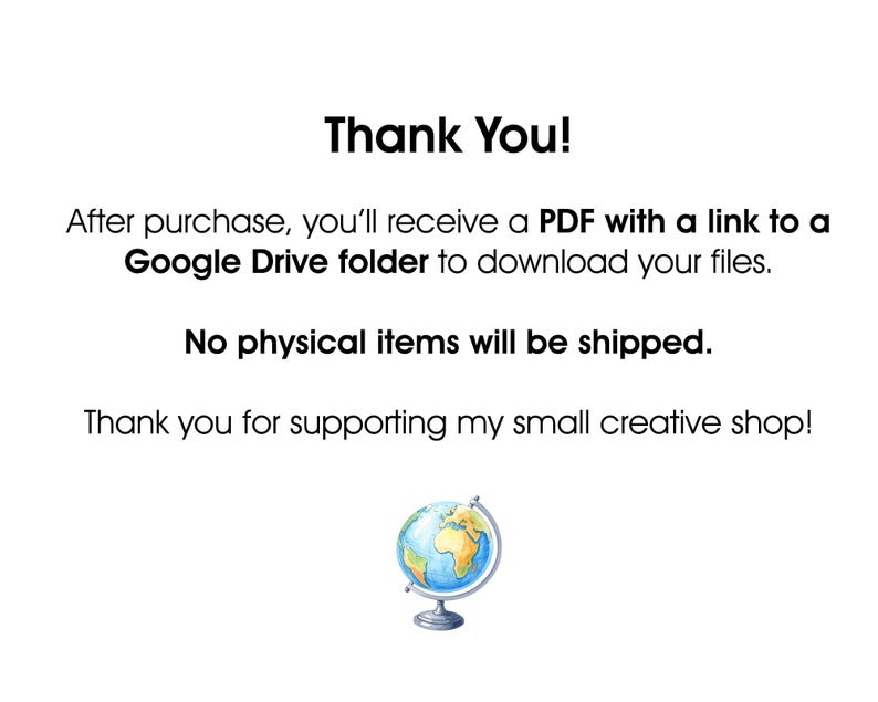 Puede incluir: Fondo blanco con el texto "Thank You!" e informaci&oacute;n sobre la recepci&oacute;n de un PDF despu&eacute;s de la compra. Una peque&ntilde;a ilustraci&oacute;n de un globo terr&aacute;queo en la parte inferior. El texto indica que no se enviar&aacute;n art&iacute;culos f&iacute;sicos.