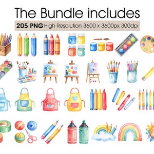 Puede incluir: Ilustraci&oacute;n en acuarela de materiales de arte, incluyendo pintura, pinceles, l&aacute;pices, crayones, caballetes, delantales y cinta adhesiva. El texto "The Bundle includes" y "205 PNG High Resolution" se muestra en la parte superior.