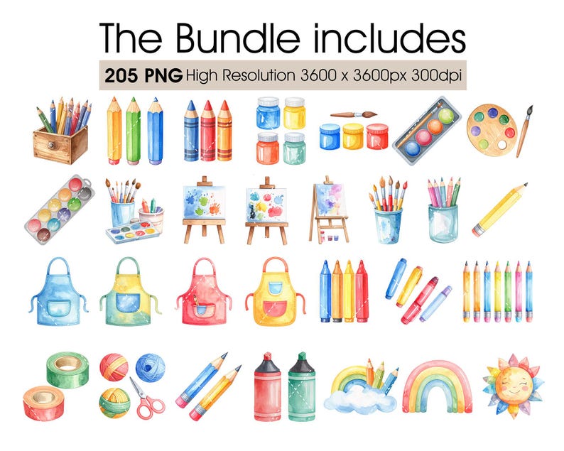 Puede incluir: Ilustraci&oacute;n en acuarela de materiales de arte, incluyendo pintura, pinceles, l&aacute;pices, crayones, caballetes, delantales y cinta adhesiva. El texto "The Bundle includes" y "205 PNG High Resolution" se muestra en la parte superior.