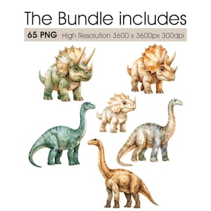May include: A digital bundle of 65 PNG files featuring watercolor-style illustrations of dinosaurs. The set includes three triceratops in shades of green and tan, and two long-necked sauropods in blue-green and tan tones, all on a white background.