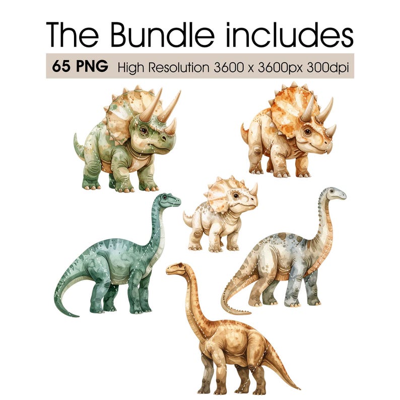 May include: A digital bundle of 65 PNG files featuring watercolor-style illustrations of dinosaurs. The set includes three triceratops in shades of green and tan, and two long-necked sauropods in blue-green and tan tones, all on a white background.