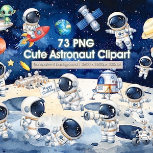 Paquete de imágenes prediseñadas de astronauta, imágenes prediseñadas de fiesta de cumpleaños espacial, planetas del sistema solar, cohete PNG