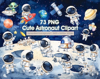 Astronaut Clipart Bundle, Space Birthday Party Clipart, Solar System Planets, Rocket PNG