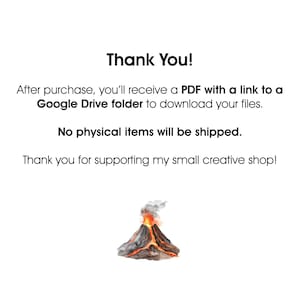 May include: White background with the text "Thank You!" and additional text about receiving a PDF after purchase. A watercolor illustration of a volcano erupting with red and orange lava and gray smoke.