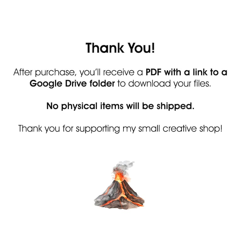 May include: White background with the text "Thank You!" and additional text about receiving a PDF after purchase. A watercolor illustration of a volcano erupting with red and orange lava and gray smoke.