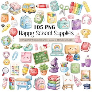 Zurück zu Schule Clipart Bundle - Kawaii Aquarell Schulzubehör