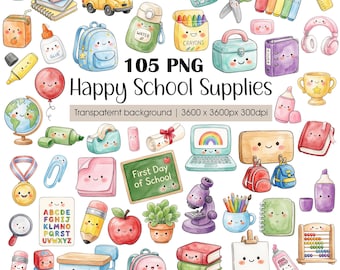 Paquete de imágenes prediseñadas para la vuelta al cole: útiles escolares kawaii en acuarela