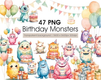Birthday Cute Monsters Clipart Set – 47 PNG Watercolor Monster Illustrations