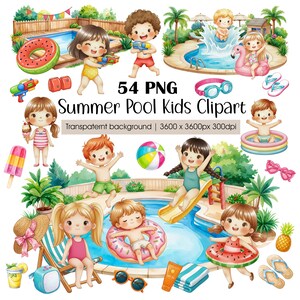 Puede incluir: Una colección de 54 ilustraciones digitales con niños en traje de baño, piscinas, juguetes acuáticos y accesorios de verano. El texto dice 54 PNG Summer Pool Kids Clipart, Transpaternt background, 3600 x 3600px 300dpi. Incluye flotadores y toboganes.