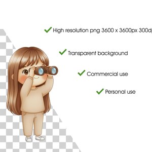 May include: A cartoon illustration of a person holding binoculars. The person is wearing a beige outfit and has long brown hair. The image includes text indicating high resolution, a transparent background, and commercial and personal use.