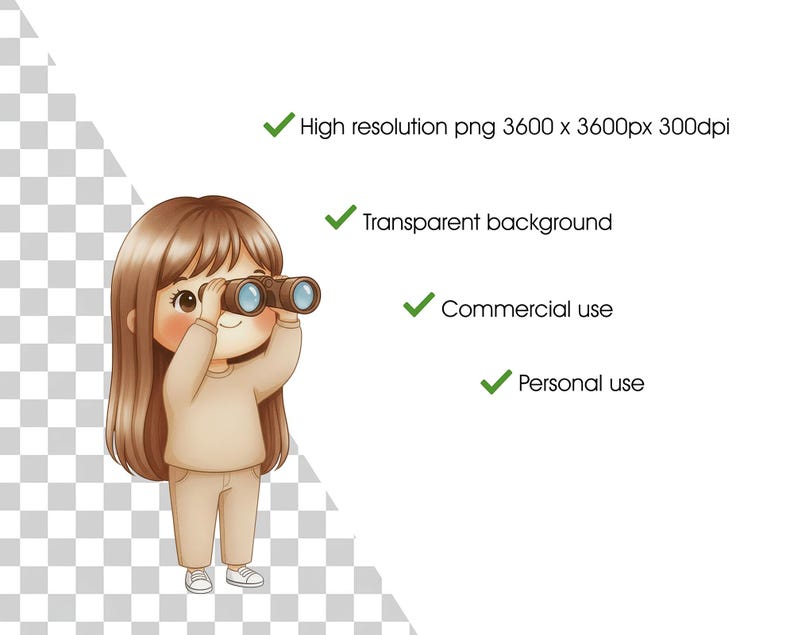 May include: A cartoon illustration of a person holding binoculars. The person is wearing a beige outfit and has long brown hair. The image includes text indicating high resolution, a transparent background, and commercial and personal use.
