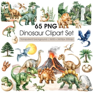 Puede incluir: Un conjunto de imágenes prediseñadas de dinosaurios en acuarela con varios dinosaurios, incluyendo un T-Rex, Triceratops y Brontosaurus, junto con un volcán, huevos y follaje. El texto dice "65 PNG Dinosaur Clipart Set". La imagen tiene un fondo transparente.