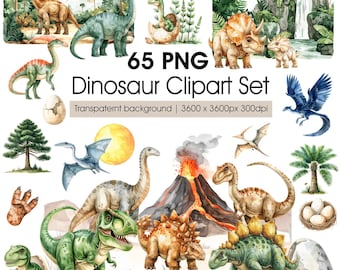 Watercolor Dinosaur Clipart Set – Realistic Jurassic Dinosaurs, Prehistoric Scenes Backgrounds, Kids Party, Nursery, Printable PNG Bundle