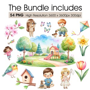 May include: A collection of watercolour illustrations featuring children, a playground, and various elements of nature. The image includes the text "The Bundle includes 54 PNG High Resolution 3600 x 3600px 300dpi".