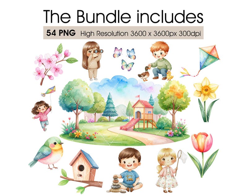 May include: A collection of watercolour illustrations featuring children, a playground, and various elements of nature. The image includes the text "The Bundle includes 54 PNG High Resolution 3600 x 3600px 300dpi".
