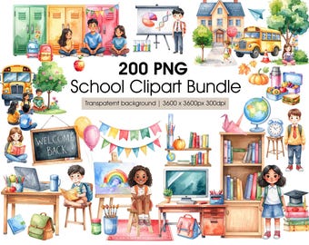 School Clipart Bundle -  Watercolor School Supplies, Classroom Decor, Kids Illustrations, Education PNG