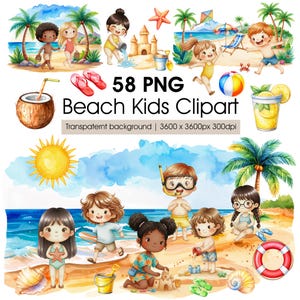 Imágenes prediseñadas de niños en la playa, PNG de niños en verano, acuarela de actividades costeras, escenas y elementos de playa.