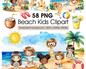 Clipart de crianças na praia, PNG de crianças no verão, aquarela de atividades à beira-mar, cenas e elementos de praia.