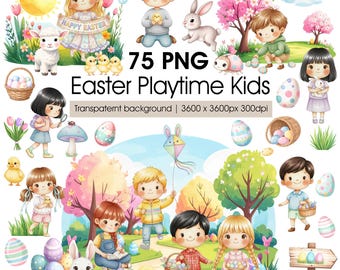 Easter Egg Hunt Kids Clipart Watercolor PNG, Children Spring Scenes, Bunny Eggs Basket, Kindergarten Graphics, Commercial Use