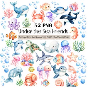 May include: Watercolor illustrations of various sea creatures, including a whale, crab, jellyfish, and seahorse. The image includes the text "52 PNG Under the Sea Friends" and "Transparent background | 3600 x 3600px 300dpi".