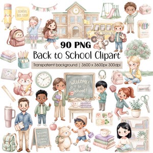 Puede incluir: Una colección de 90 ilustraciones digitales estilo acuarela con elementos escolares que incluyen niños, un maestro, un edificio escolar, un autobús, animales, libros, papelería y muebles con el texto 90 PNG Back to School Clipart.